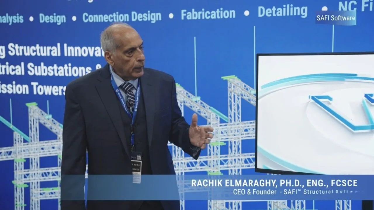 SAFI presenting VTS Virtual Tower Structures software for electrical substations and transmission towers at an industry conference
