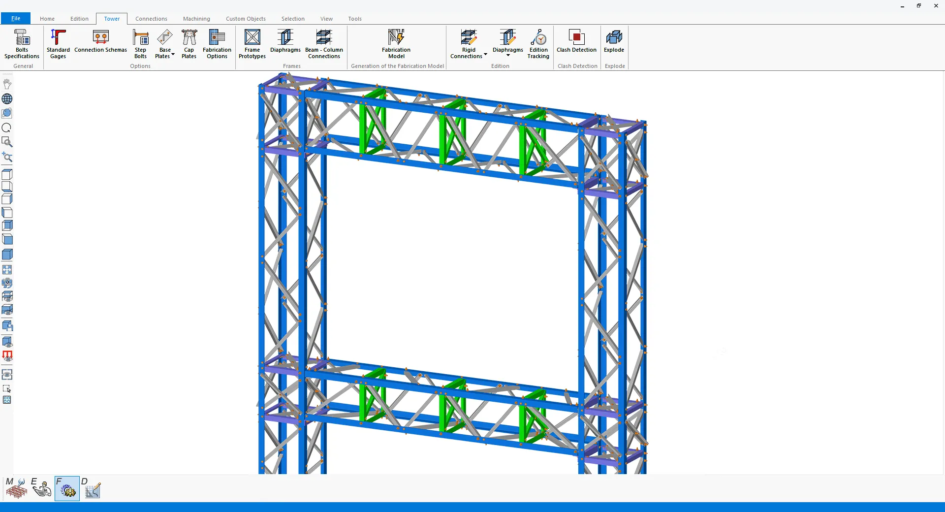 3D model of a substation lattice gantry with lattice columns, beams and rigid beam-column connections in the VTS ribbon interface
