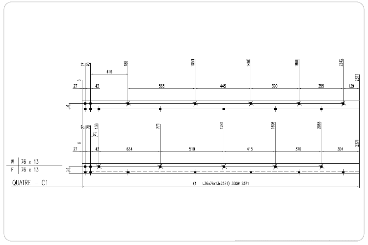 Automatic shop drawing of a steel piece with hole patterns and piece marks in VTS