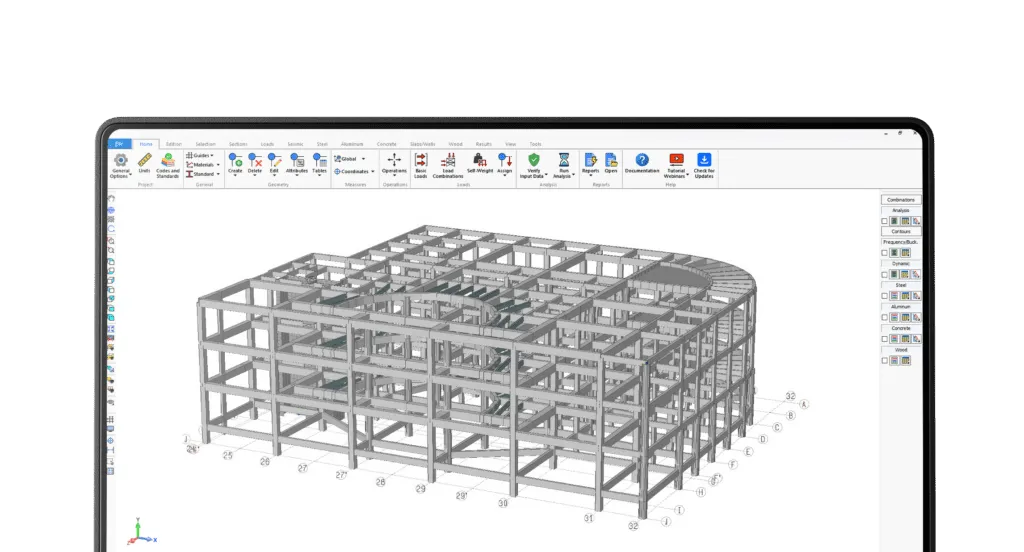 SAFI structural software ribbon interface with a 3D model