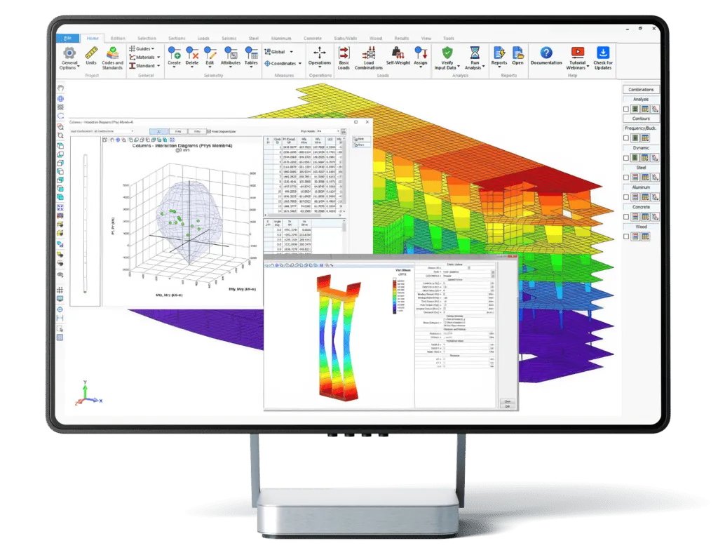 SAFI structural engineering software on a desktop monitor with 3D finite element results